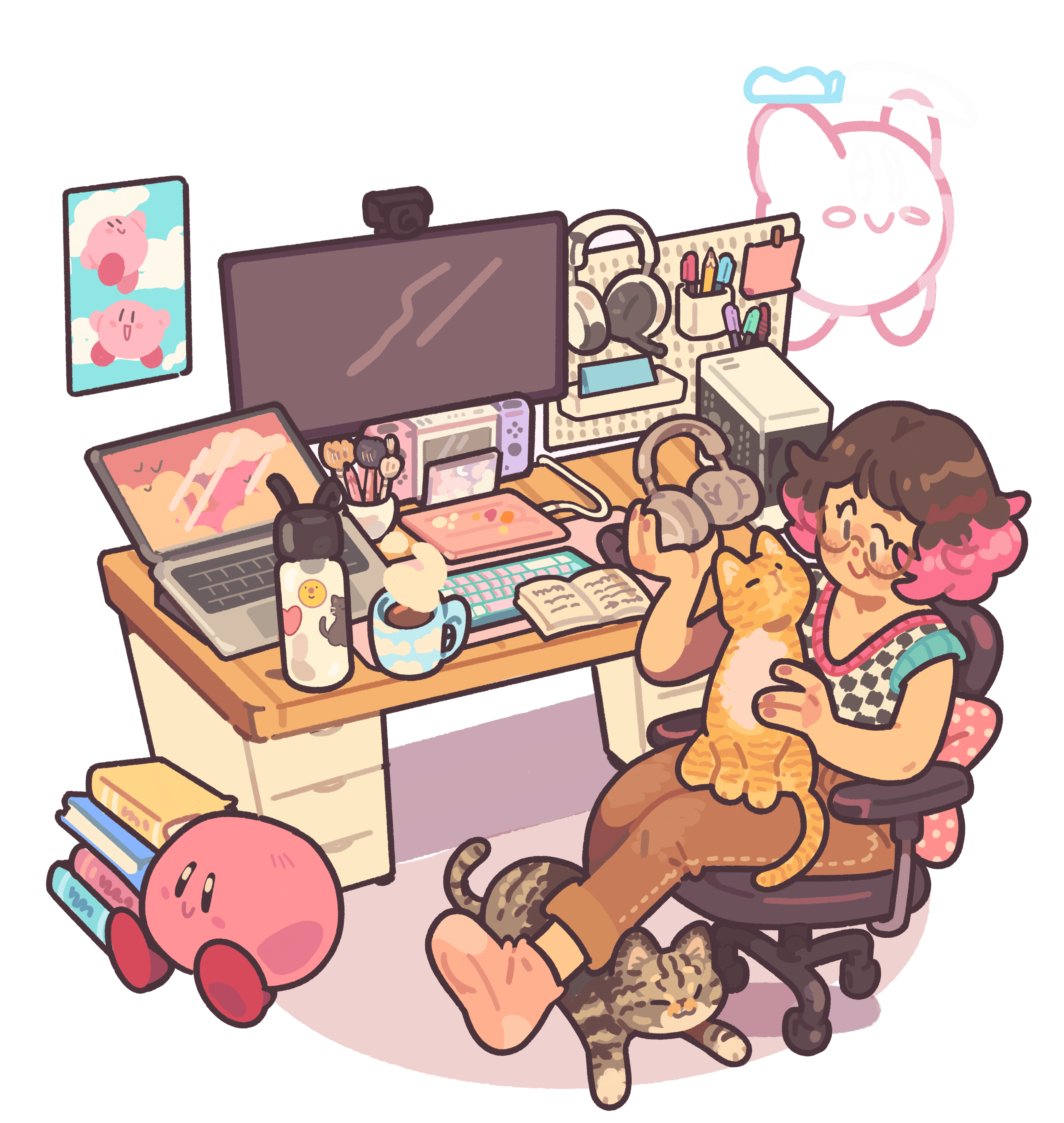 Art of Breezy Fasano at their desk, with their 2 cats: Momo, a brown tabby and Noodle, an orange tabby.
