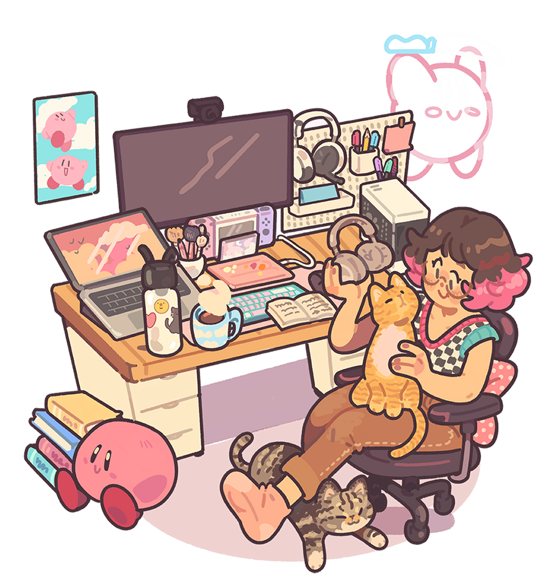 Art of Breezy Fasano at their desk, with their 2 cats: Momo, a brown tabby and Noodle, an orange tabby.